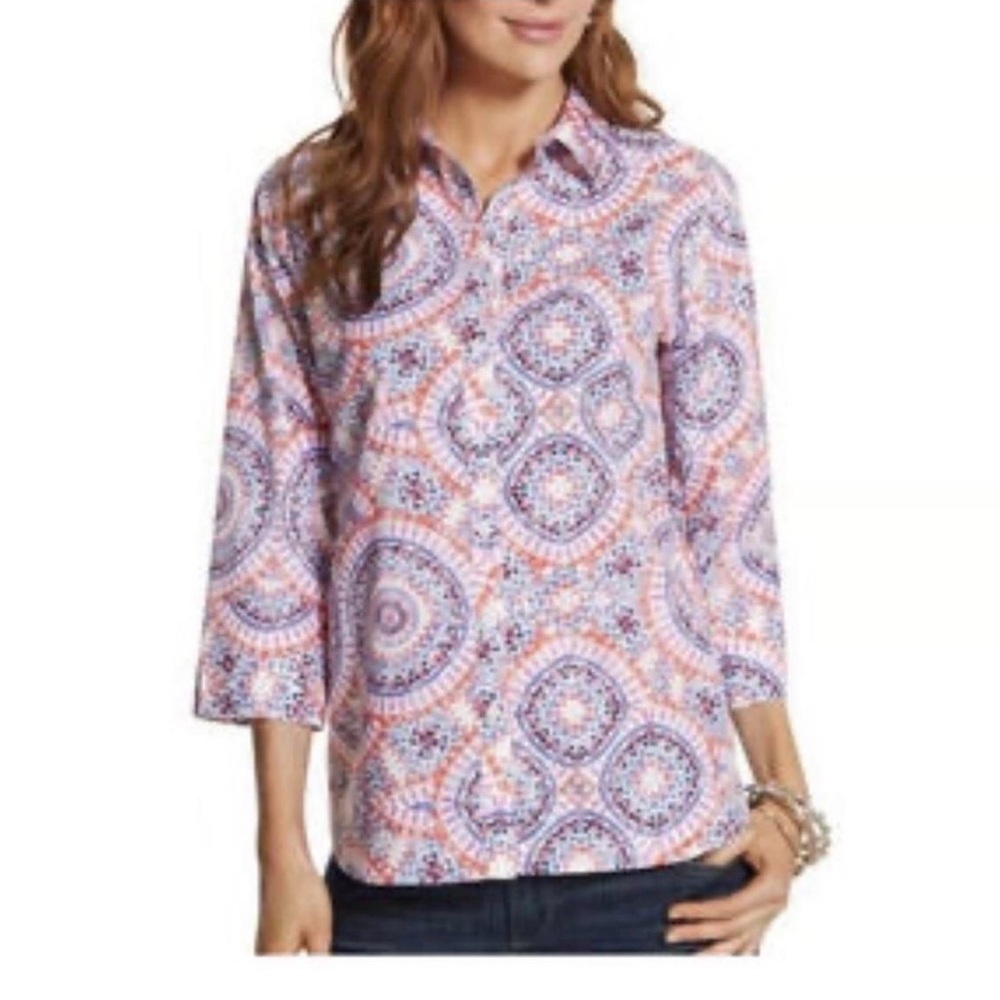 Chico's Coral, Blue & White Medallion Button-Front Shirt